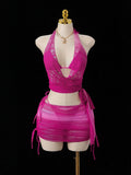 DEKA Sexy Neck Bikini Set Mesh Cover Ups  Women Pink Swimsuit Female Swimwear Shirt Dress Bathing Suit Beachwear Summer