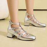 Metallic Silver Gold Women Mary Jane Pumps Square Toe Block Heel Crisscross Ankle Strap Back Zipper Elegant Party Dress Heels