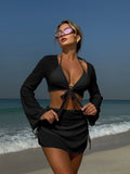 Summer 4 Piece Bikini Set 2025 Women Sexy Black Long Sleeve Cover Up and Skirt Swimsuit Beach Bathing Suit Holiday Swimwear