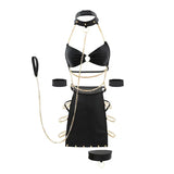 Women Sexy Lingerie Set PU Leather Dress Imitation Split Backless Gold Chain Bandage Bra Side-leaking Skirt Cosplay Costume