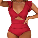 Women Monokini V-Neck Ruffle Sleeve One-Piece Swimsuit Solid Color High Waist Tummy Control Bathing Suit