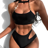DEKA Women Push Up Metal Chain Neck Bikini Set Shoulder Straps High Waist Bottom Swimwear Women Swimming Beach Bathing Suit