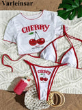 XS -XL Cherry Printed Short Sleeve Bikini Female Swimsuit Women Swimwear Three-pieces Bikini set Bather Bathing Suit Swim V6854