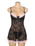 Pink Sexy Lace Ruffled Suspender Nightdress for Women Babydoll Lingerie Push Up Chemise Sleepwear