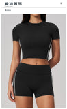 Color Contrast Yoga Suit Women Short Sleeve O Neck Sports T Shirts Tracksuit Outwear High Waist Shorts Gym Running Fitness Suits