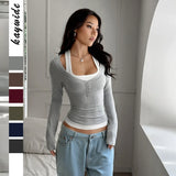 Women's Y2K Fake Two Piece Long Sleeve Cami Top, Fashion Slim Fit Sexy Streetwear T-Shirt