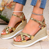 Luxury Golden Open Toe Wedge Sandals Women Summer Fashion Buckle Strap High Heel Sandals Woman Crystal Platform Women\'s Slides