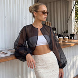 Women Chiffon Cropped Shrugs Fashion Stylish Sheer Open Front Balloon Long Sleeve Cardigan Blouse Shirts Bolero Cover-ups