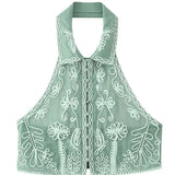 Women's Fashionable Lapel Embroidered Backless Shorts Set J25E