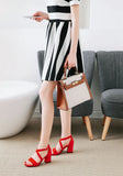 Big Size Casual Women Sandals Black Flock 7cm High Square Heels Peep Toe Summer Cross Buckle Strap Party Office Red Lady Sandals