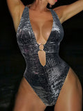 Golden Glitter Deep V Neck One Piece Swimsuit Women Swimwear Female Backless Monokini High Leg Cut Bathing Suit Swim Beachwear