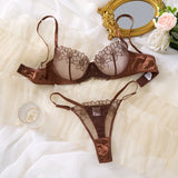 Coffee Maillard Sunflower Embroidery Underwear Set - Light and Sophisticated Mesh Bra Thong Set for Two Pieces ZA825126