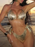 Golden Sparkling Halter Bra Cup Bikini Women Swimwear Female Swimsuit Two-pieces Bikini Set Metal Rings Bather Bathing Suit Swim