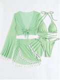 Sexy 4pcs Boho Tassels Trim Bikinis Sets Ladies Padded Bikini Set +cover Up Tops Skirts Beachwear Bathing Suit Biquini Monokini