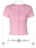 FDYOUI Pink T-shirts 2026 Summer Woman Clothes O-neck Single Breasted Cardigan Tops Female Short Sleeve Slim T Shirt Streetwear