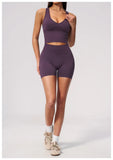Seamless Gym Yoga Sets Women Breathable I-shaped Shock-absorbing Slim Sports Tank Top High Waist Shorts Training Fitness Suit