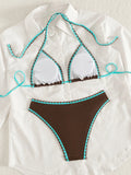 ZTVitality Sexy Coffee Color Patchwork Two-Piece Bikinis 2026 Women's Push Up Halter Bandage Swimsuit Holiday Swimwear Biquini