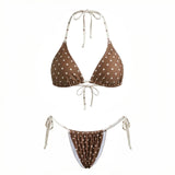 Women Dots Print Bikini Sets Swimsuits Tie-Up Halter Sleeveless Padded Bra Thong Bottoms Beach 2 Piece Bathing Suit Set