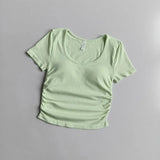 Big round Neck Yoga T-Shirt Short-Sleeved Slimming Sports Top with Fixed Chest Cushion for Running Pilates Summer Stretch