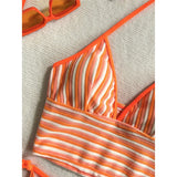 Striped Halter Tankini V Neck Bikini Women Swimwear Female Swimsuit Two-Pieces Bikini Set Padded Bather Bathing Suit Swim V8385