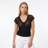 Women Summer Sheer Lace Tops Slim Fit V Neck Cap Sleeve Ruched Slim Crop Shirts Going Out Office Party Sexy T-shirt