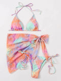 Women Tie Dye Print Micro Mini String Bikini Sets Three Pieces with Mesh Bow Tie Skirt Swimsuit Bathing Suit Beach Outfits