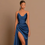 Elegant Strapless Solid Evening Gown Chic Satin Corset Dress for Women V-neck Split Blue Long Dress Lady Summer Party Dress up