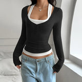 Women's Y2K Fake Two Piece Long Sleeve Cami Top, Fashion Slim Fit Sexy Streetwear T-Shirt
