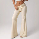 2026 New Women Elegant Solid Color Lace Trim High Waist Wide Leg Pants Casual Loose Palazzo Trousers