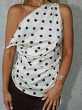 Women’s Satin Off Shoulder Tank Tops Trendy Sleeveless Dots Print Asymmetric Tops Summer Slim Fit Vest