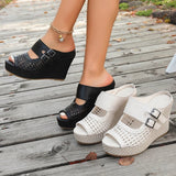 Hollow Out Chunky Wedges Sandals Women Fashion Buckle Peep Toe Super High Heels Sandals Woman Plus Size 43 Platform Slippers