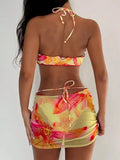 with Mesh Skirt 3D Flowers Halter Bandeau Bikini Female Swimsuit Women Swimwear Three-pieces Bikini Set Bathing Suit Beachwear