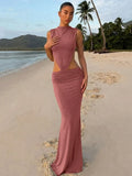 FDYOUI Elegant Sexy Sleeveless Backless Long Holiday Beach Dress Women Chic Hollow Out Solid Long Maxi Evening Party Dresses