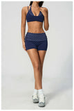 Breathable Striped Patchwork Yoga Clothing Women Fake Two-piece Sports Bra Folding High Waist Shorts Gym Running Fitness Suit