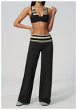Fake Two-piece Sports Bra Yoga Sets Women Coffee Striped Patchwork Folding High Waist Wide Leg Pants Gym Running Fitness Suits