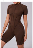 Summer Zipper Workout Jumpsuit Sports Overalls Women Running Fitness Short Sleeve Yoga Bodysuit