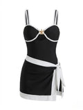 Sexy Black Contrast One Piece Swimsuit Skirt Sets Women Metal Starfish Hollow Out Slim Tummy Control Bathing Suit Swimwear XXL