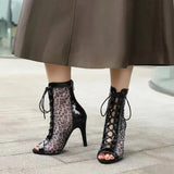 Sexy Leopard Pattern Mesh Thin Heel High Heel for Women Elegant Size 43 Breathable Sandals Lace Up Peep Toe Cool Boots
