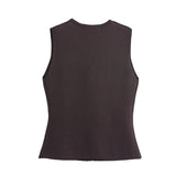 Foridol Gold Button Knitted Tank Top Women Autumn Winter Burgundy Short Vest Sleeveless V Neck Chic New Fashion Tops