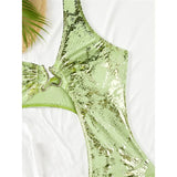 S - XL Asymmetric Printed Cut Out One Piece Swimsuit Women Swimwear Female One Shoulder Padded Bather Bathing Suit Swim K7318