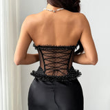 Women Corset Vest Sexy See Through Dot Print Lace Trim Club Wear Fishbone Tank Top Strapless Buckle Tie Rope Perspective Tops