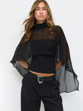 FDYOUI Woman Black Corset with Cover-ups 2-piece Sets Chic Sexy Hollow Out Evening Party Tops Female Blouses Shirts High Street