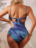 2026 Sexy Star Link Swimsuit One Piece Printed Hollow Swimwear Women Blue Bathers Bathing Swimming Swim Suit Female Beachwear