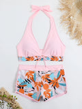 2026 Summer Women's Print Patchwork Swimsuit Sexy Deep V Neck Back Lace-up Swimwear High Waist Shorts Tankini Bathing Suit Beach