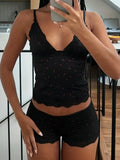 Summer Two-piece Pajamas Set for Women Sleepwear  Floral Lace Pink Sleeveless Camisoles and Slim Shorts Loungewear