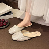 Baotou Slippers Women 2026 Summer Soft Sole Flat with Sequin Lazy Heelless Half Drag Comfortable Pregnant Women Wear Flip-flops