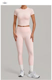 Women Tracksuit Yoga Sets Short Sleeve Slim Sports T Shirts Workout Clothes Outdoor Tight High Waist Pocket Pants Fitness Suits