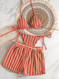 2026 Summer Women 3 Pieces Swimsuit Striped Print Halter Lace-up Backless Swimwear Sexy Micro Bikini Set Shorts Suits Beachwear
