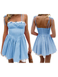 Summer Plaid Mini Cami Dress for Women Fashion Slim Ruffle Trim Tie-up Spaghetti Strap A-line Dresses for Daily Party