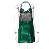 Sexy Hot Girl Slim Halter Neck Mini Dress Fold V-neck Low Cut Backless Bodycon Slit Short Dresses Streetwear Lady Party Vestidos